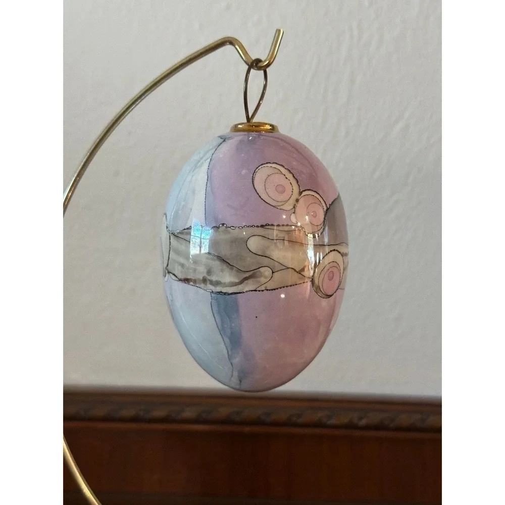Vintage Artist‎ Signed Purple Gray Egg Glass Hand Painted Lavender Ornament